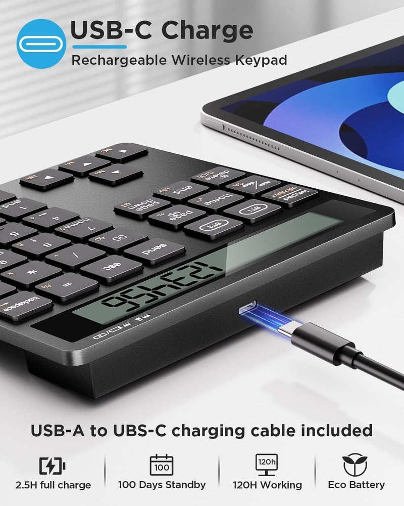 HoRiMe Number Pad for Laptop - Rechargeable Wireless Number Keypad 34 Keys with Dual Bluetooth, 2 in 1 Numeric Keypad Calculator with Display - Portable Slim Numpad for Windows, Mac, iMac, PC, Tablet - Image 2